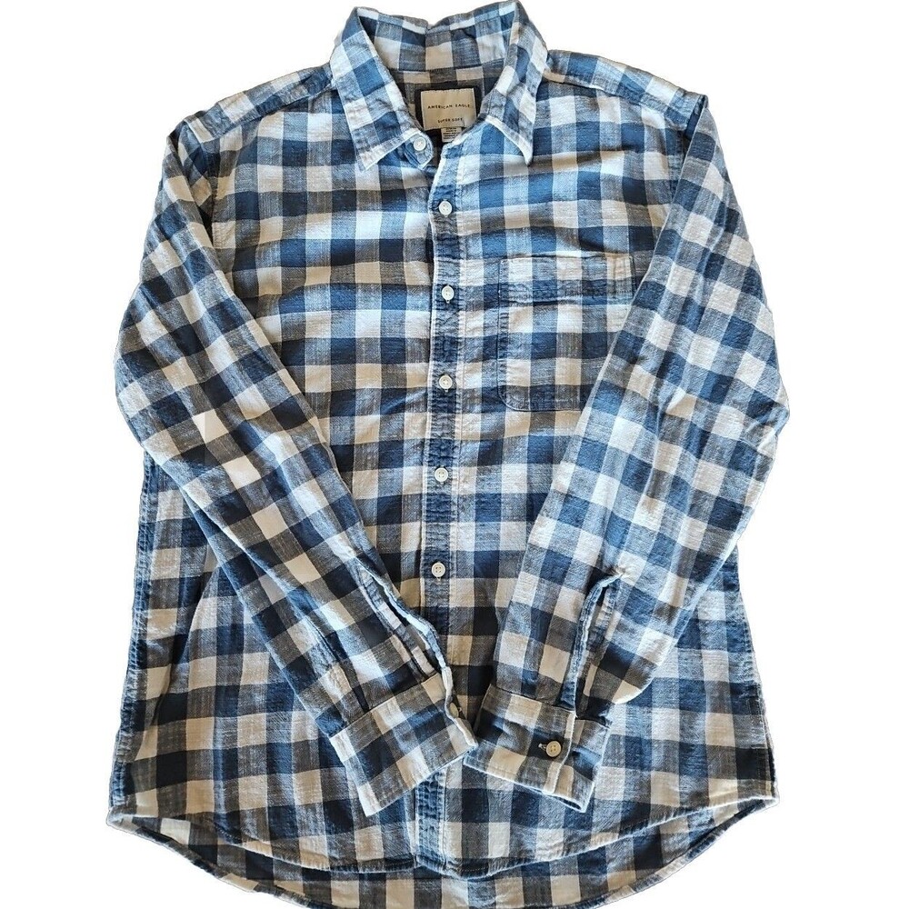 Men's American Eagle Super Soft Long Sleeve Lightweight Flannel Shirt Blue Med